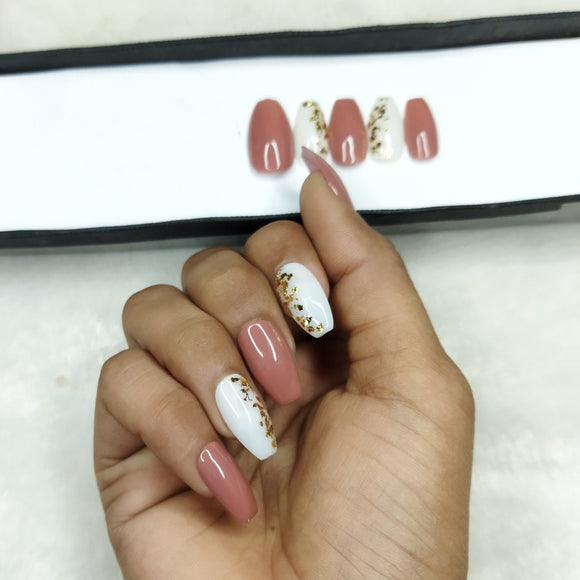Glossy Nude Golden Foil Print Press on Nails Set // 794