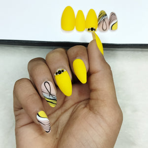 Matte Yellow Black Abstract Print Press on Nails Set // 846