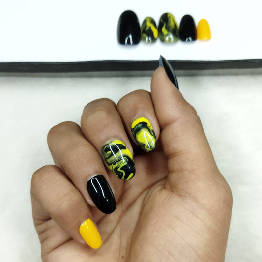 Glossy Yellow & Black Marble Print Press on Nails Set // 844