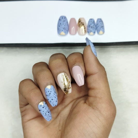 Matte Blue Abstract Print Press on Nails Set // 880