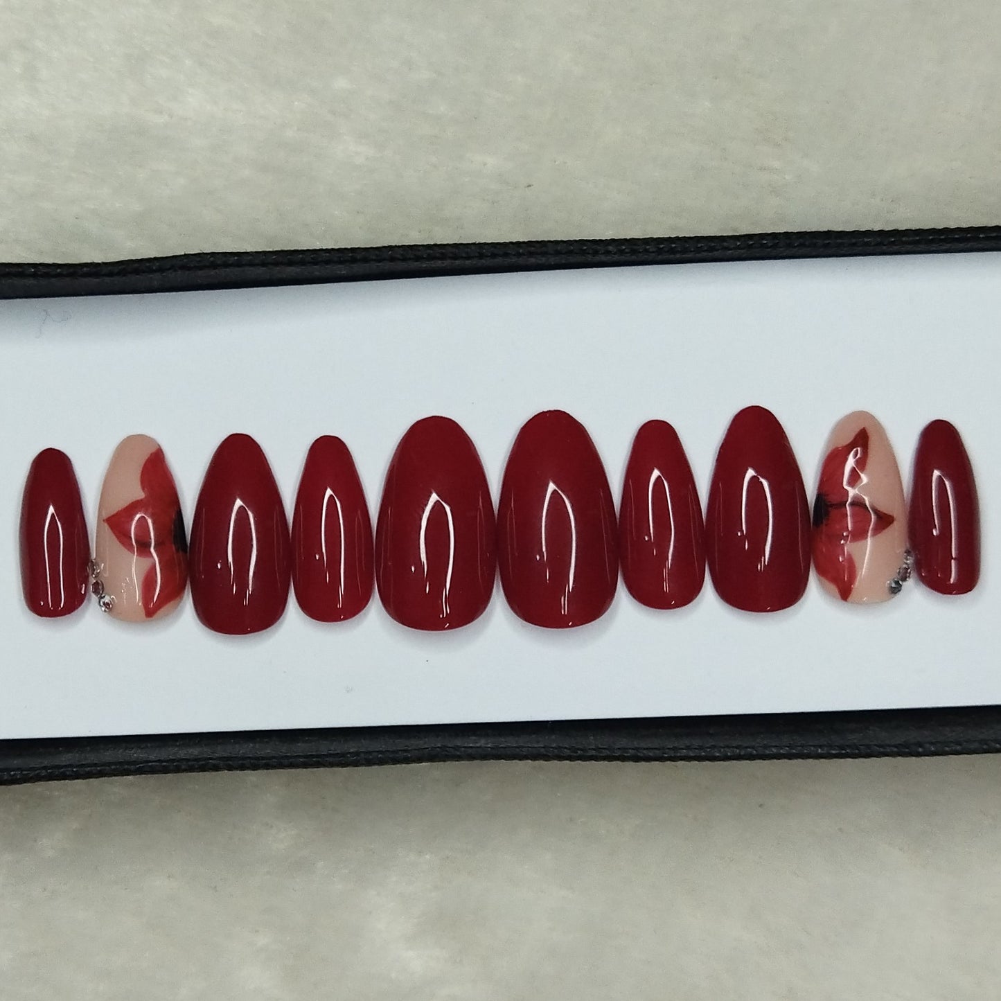 Glossy Red Floral Print Press on Nails Set // 878