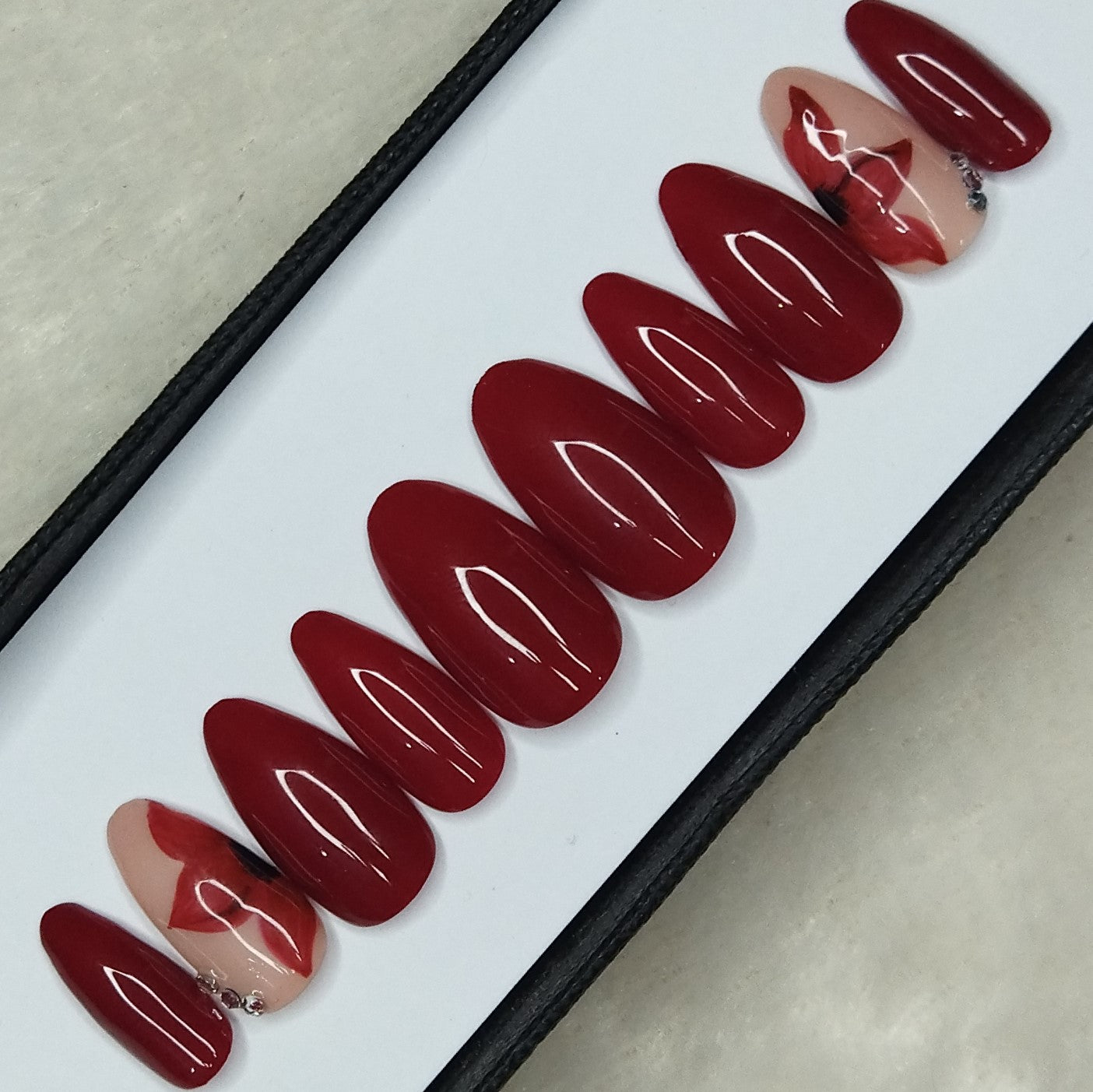 Glossy Red Floral Print Press on Nails Set // 878