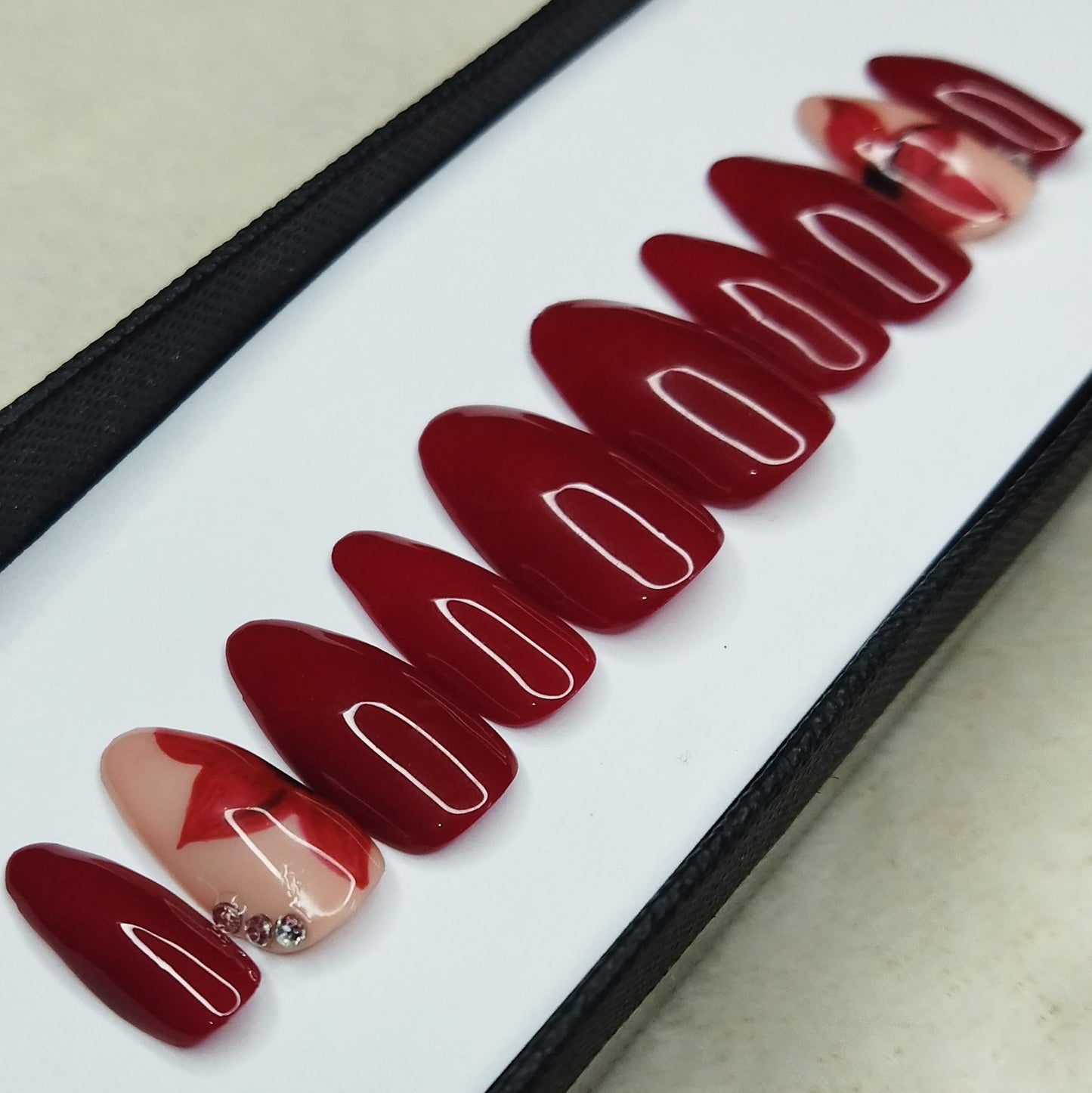 Glossy Red Floral Print Press on Nails Set // 878