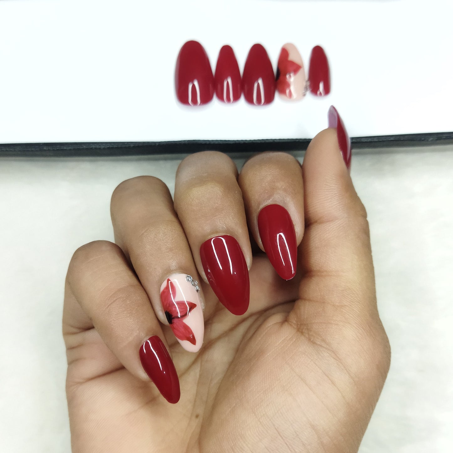 Glossy Red Floral Print Press on Nails Set // 878