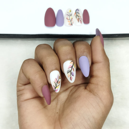 Matte Colorful Leaves Print Press on Nails Set // 876