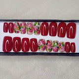 Glossy Red Floral Print Press on Nails Set //886