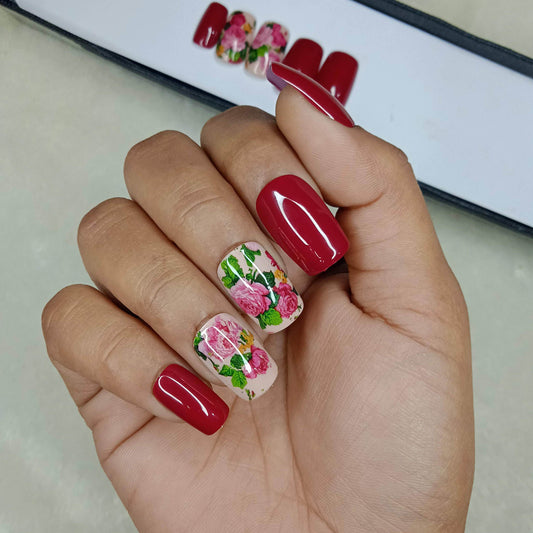 Glossy Red Floral Print Press on Nails Set //886