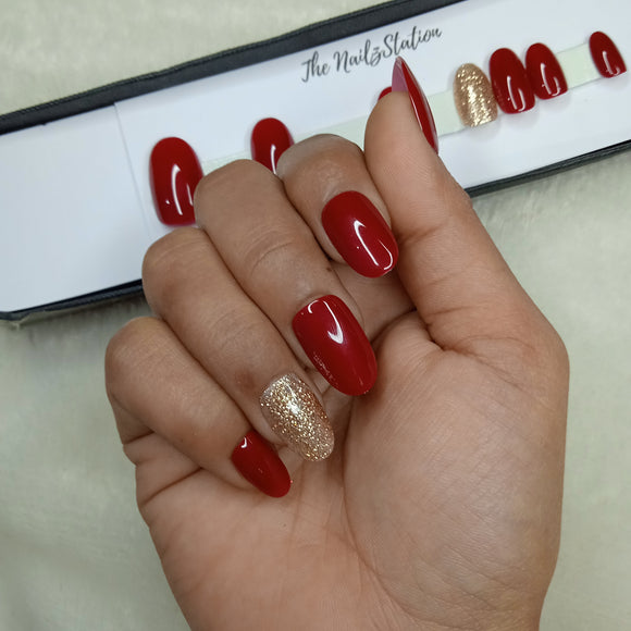Glossy Maroon With Golden Glitter Press on Nails Set //891