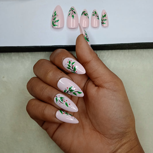 Glossy Light Pink Leaves Print Press on Nails Set //890