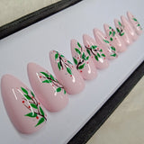 Glossy Light Pink Leaves Print Press on Nails Set //890