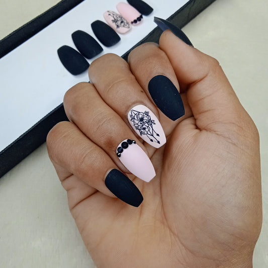 Matte Black And Light Pink Rhinestone Print Press on Nails Set //897