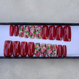 Glossy Red Floral Print Press on Nails Set //886