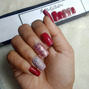Glossy Red Glitter Engagement Ring Press on Nails // 994