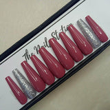 Glossy Pink with silver glitter Press on Nails Set (B221) 269
