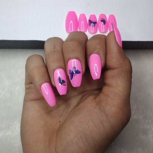 Glossy Light Pink and Blue Butterfly Press on Nails // 945