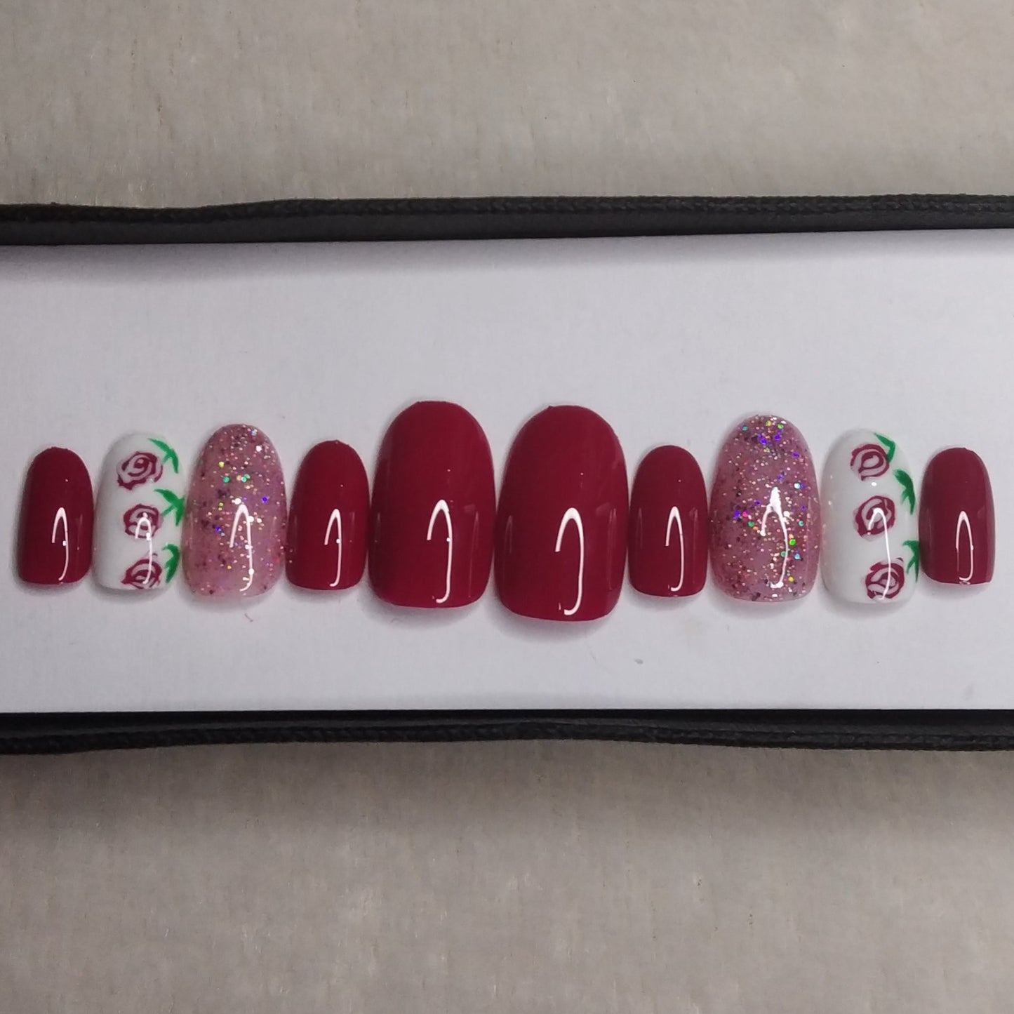 Glossy Pink Rose Floral Press on Nails Set /949