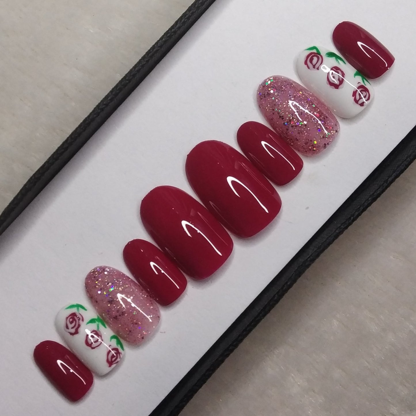 Glossy Pink Rose Floral Press on Nails Set /949