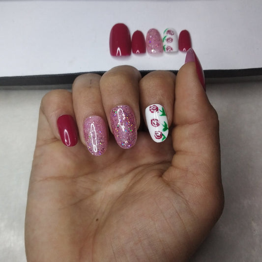 Glossy Pink Rose Floral Press on Nails Set /949
