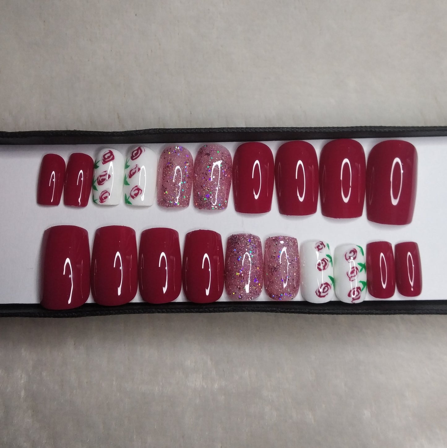 Glossy Pink Rose Floral Press on Nails Set /949