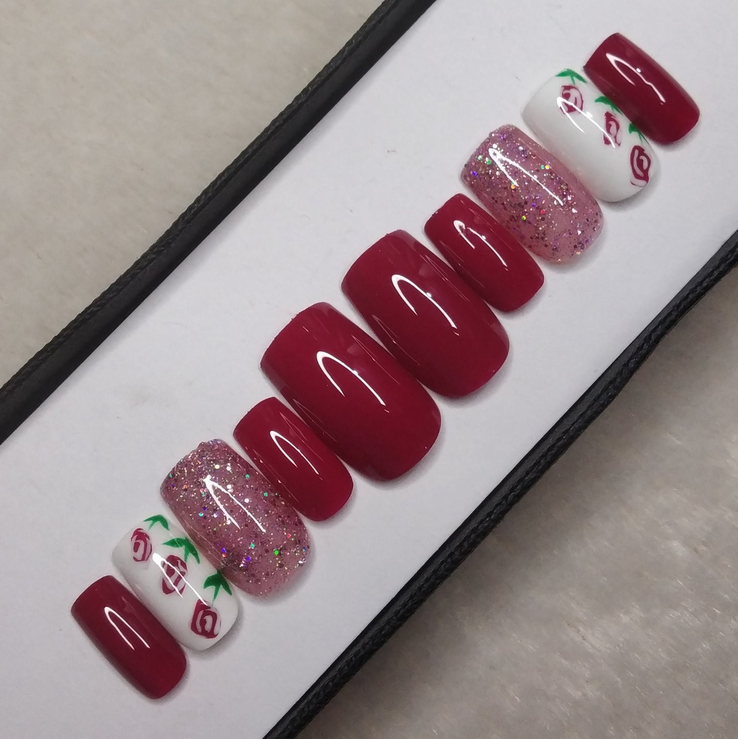Glossy Pink Rose Floral Press on Nails Set /949