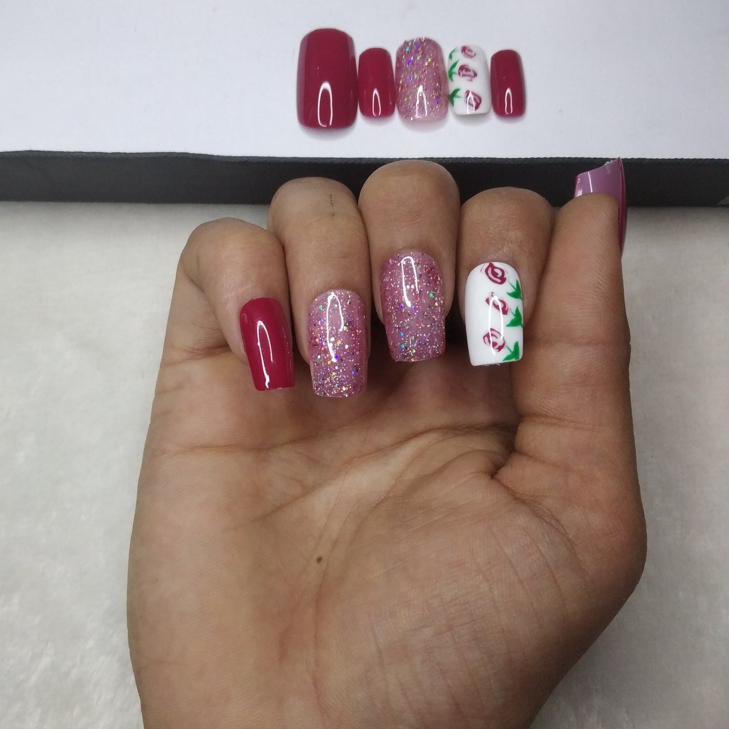 Glossy Pink Rose Floral Press on Nails Set /949