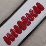 Matte Red and White Strips Press on Nails // 260