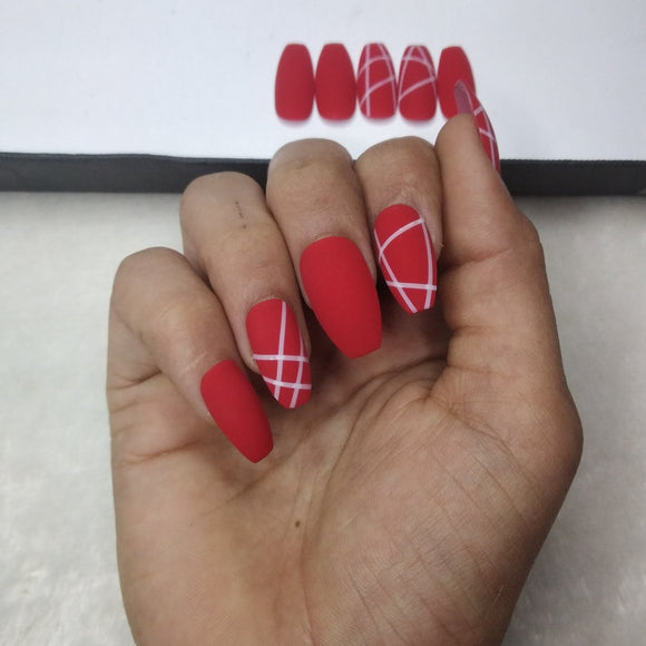 Matte Red and White Strips Press on Nails // 260