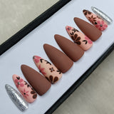 Matte Brown Floral With Silver Glittter Press on Nails Set // 944