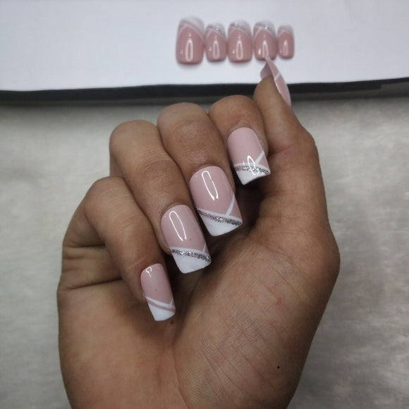 Glossy Nude Glitter Side French Press on Nails Set //995