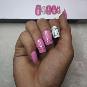 Glossy Pink With Marble Press on Nails // 991