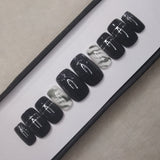 Glossy Black With Marble Press on Nails // 992