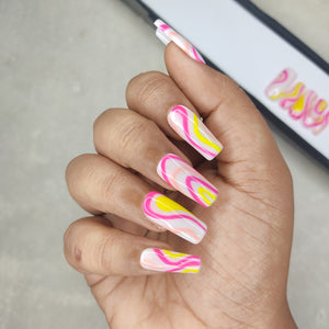 Glossy Pink and Yellow Swirl Press on Nails // 997
