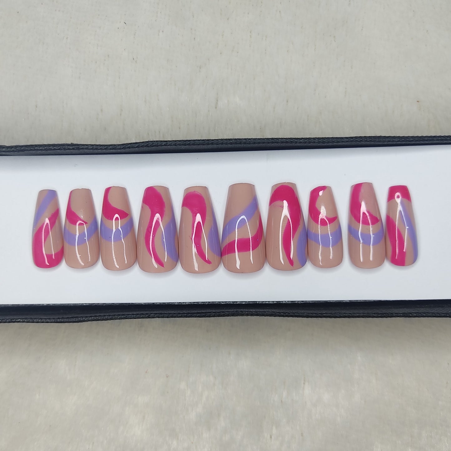 Glossy Nude And Pink Blue Swirl Press on Nails // 998