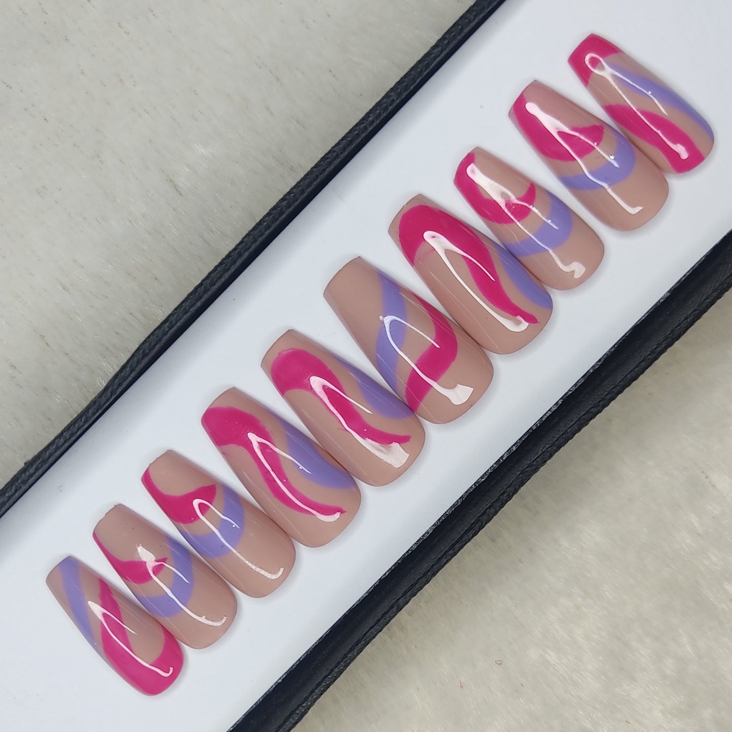 Glossy Nude And Pink Blue Swirl Press on Nails // 998