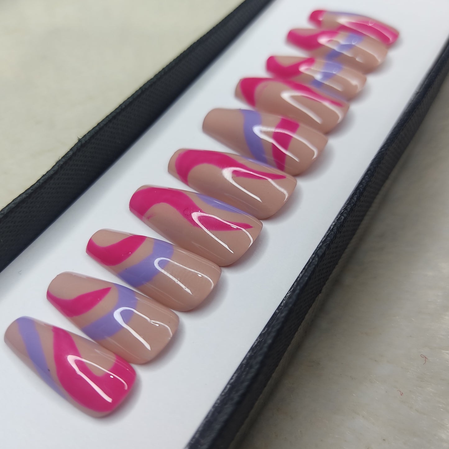 Glossy Nude And Pink Blue Swirl Press on Nails // 998