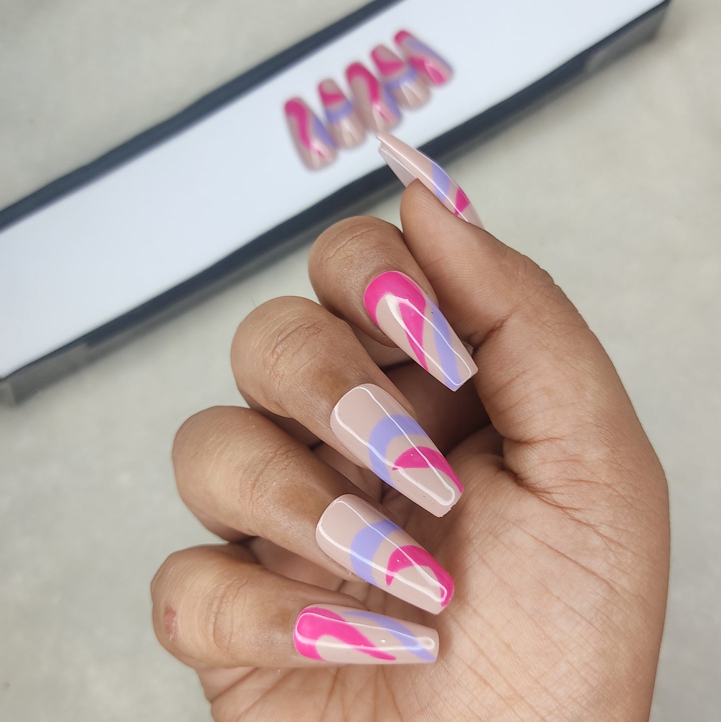 Glossy Nude And Pink Blue Swirl Press on Nails // 998