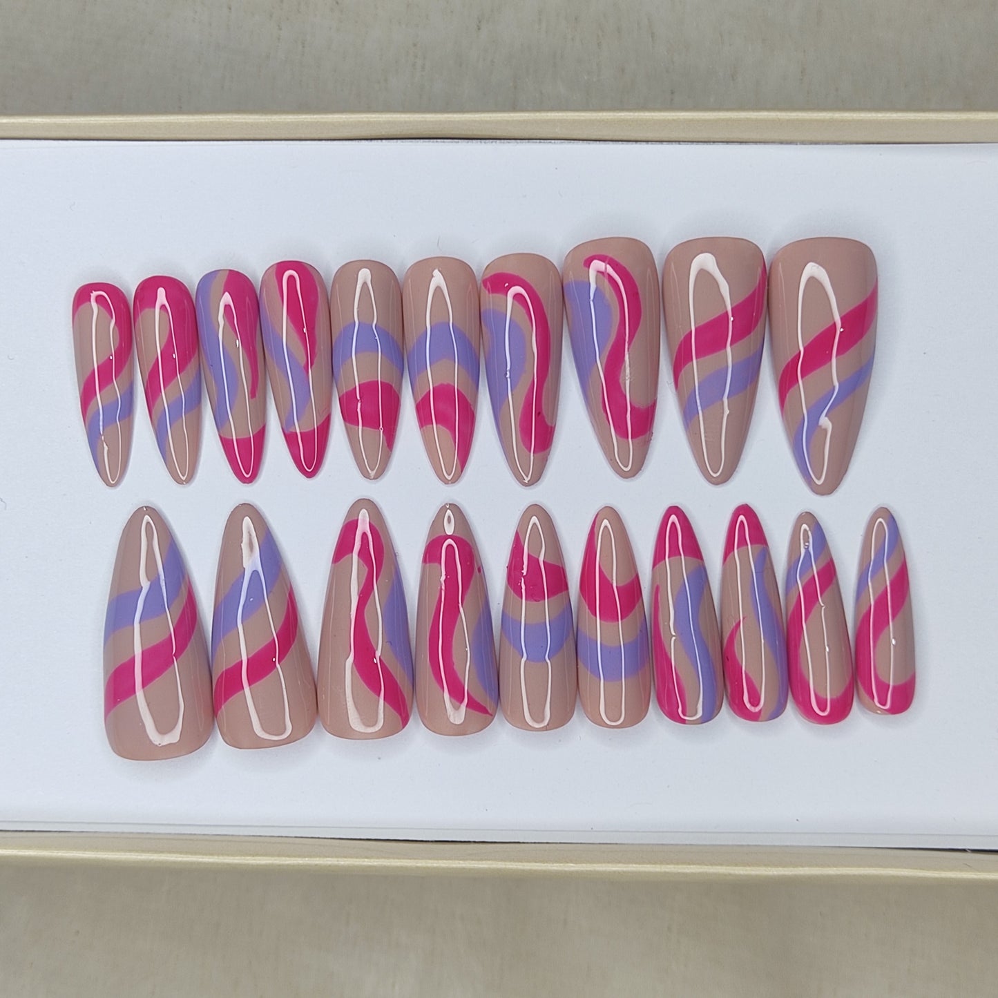 Glossy Nude And Pink Blue Swirl Press on Nails // 998