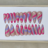 Glossy Nude And Pink Blue Swirl Press on Nails // 998