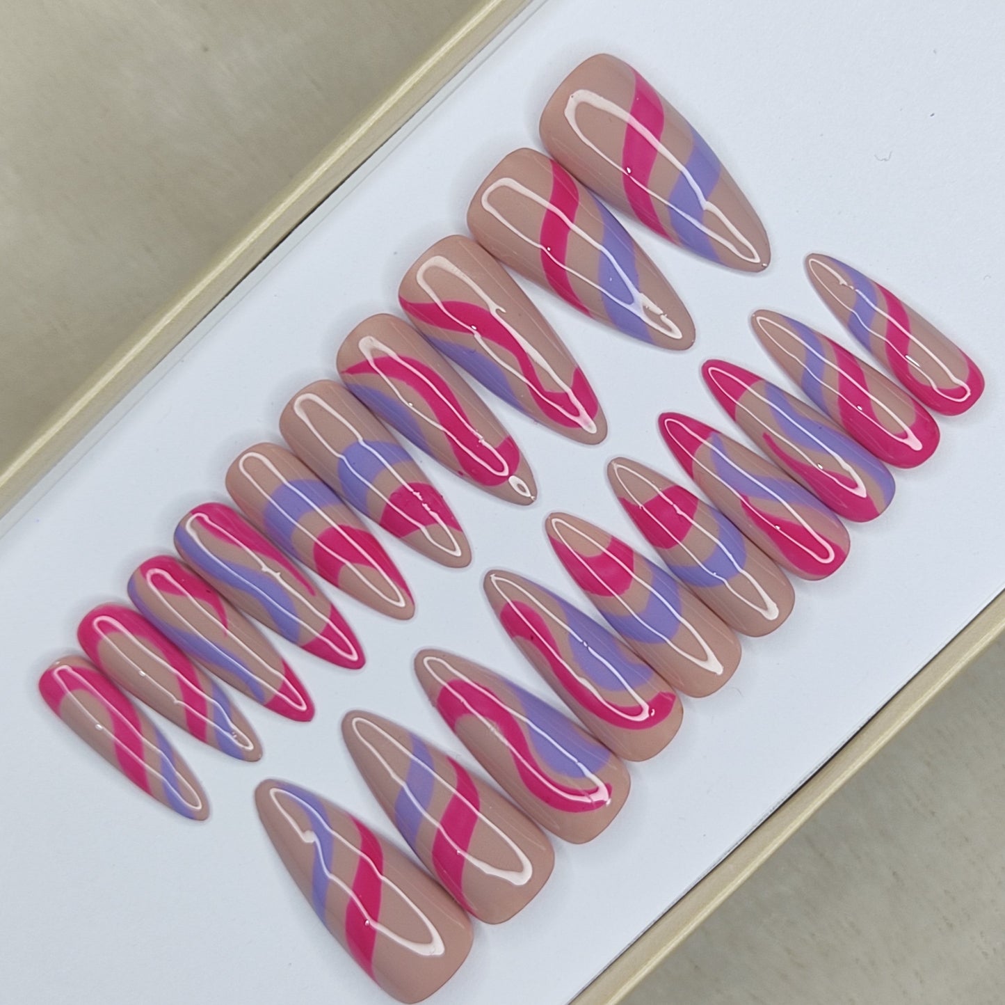 Glossy Nude And Pink Blue Swirl Press on Nails // 998