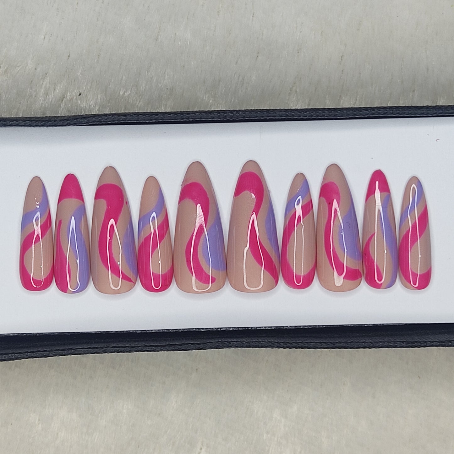 Glossy Nude And Pink Blue Swirl Press on Nails // 998