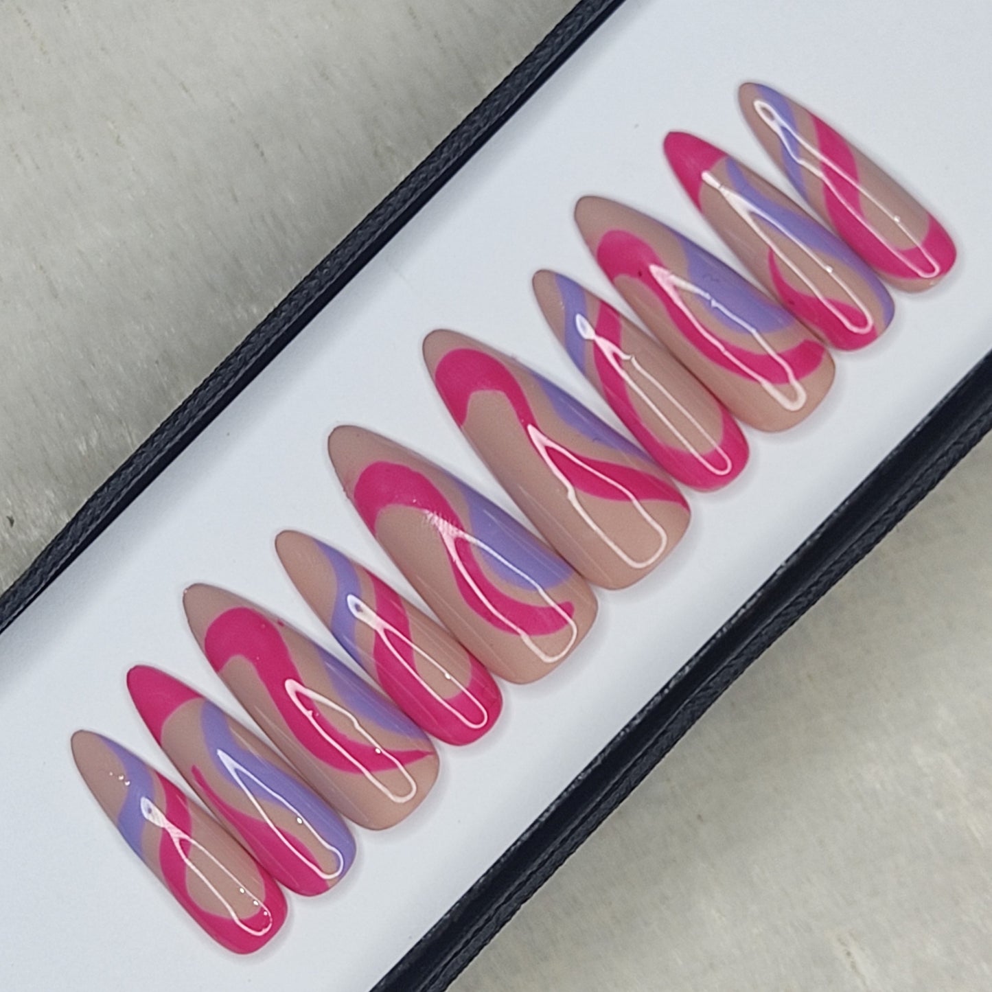 Glossy Nude And Pink Blue Swirl Press on Nails // 998