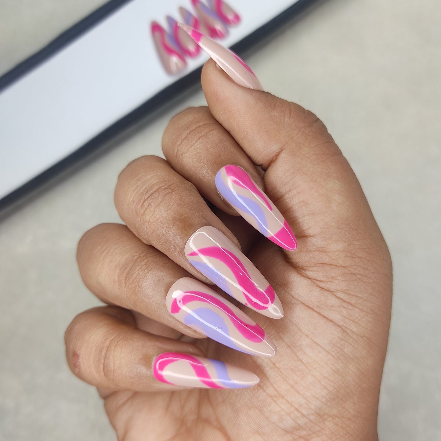 Glossy Nude And Pink Blue Swirl Press on Nails // 998
