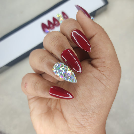 Glossy Maroon with Rhinestones Press on Nails Set /1000