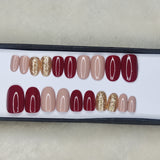 Glossy Nude And Maroon With Golden Glitter press on Nails Set /1026