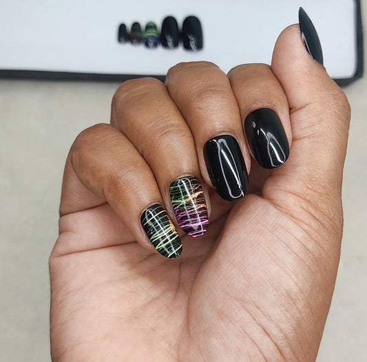 Glossy Black Neon Lines Press on Nails Set