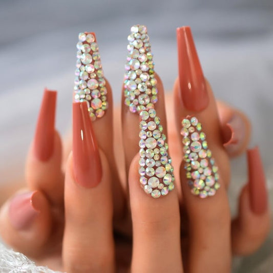 Glossy Brown Studded Press on Fake Nails // tns253