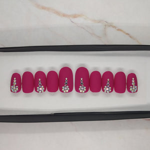 Matte Pink with Rhinestones Press on Nails // 147