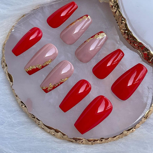 Glossy Red French Press on Fake Nails // tns406