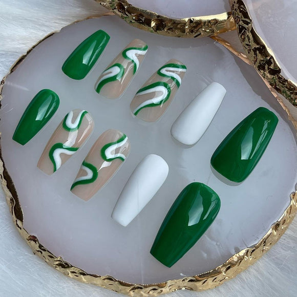 Glossy Green Swirls Press on Fake Nails // tns408
