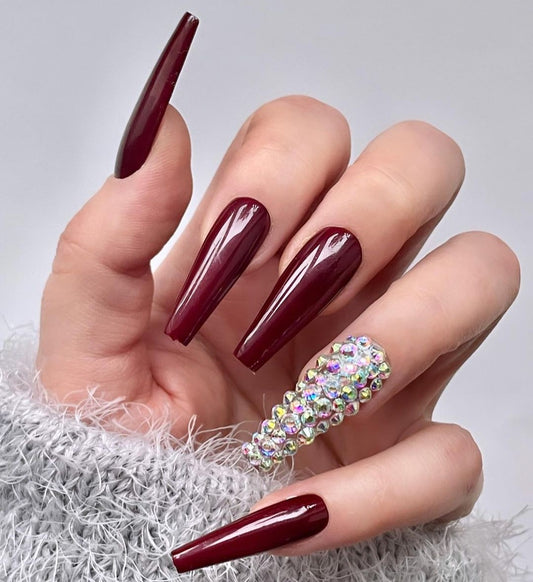 Glossy Maroon Studded Press on Fake Nails // tns430